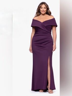 PLUS "SKYE" TECHNO SCUBA OFF SHOULDER FLOOR LENGTH DRESS